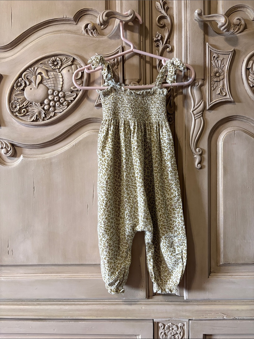 Rylee + Cru Olive Floral Smocked Jumpsuit